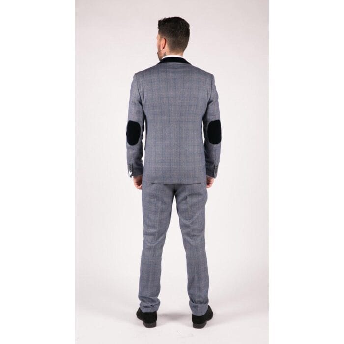 Mens Blue Check Marc Darcy 3 Piece Suit Double Breasted Waistcoat Elbow Patch - Knighthood Store
