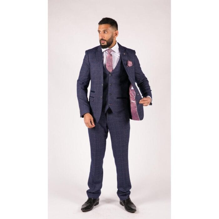 Traje azul marino de 3 piezas para hombre, chaleco cruzado con cuadros Príncipe de Gales color canela - Tienda Knighthood