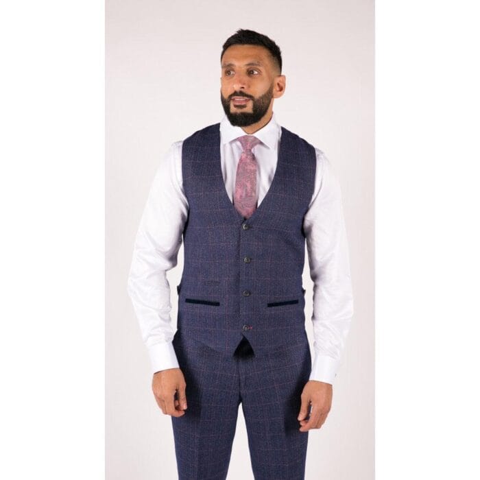 Traje azul marino de 3 piezas para hombre, chaleco cruzado con cuadros Príncipe de Gales color canela - Tienda Knighthood