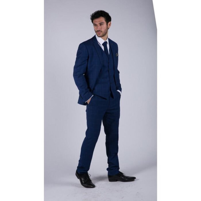 Mens 3 Piece Suit Royal Blue Prince Of Wales Check Suit Classic Wedding Formal - Knighthood Store