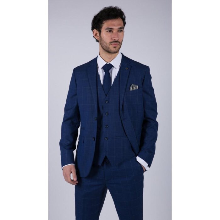 Mens 3 Piece Suit Royal Blue Prince Of Wales Check Suit Classic Wedding Formal - Knighthood Store