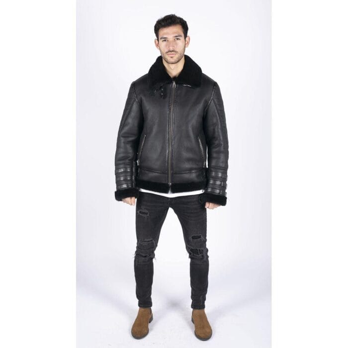 Chaqueta de aviador de piel de oveja auténtica negra para hombre, con cremallera, abrigo de invierno cálido de piloto de la Segunda Guerra Mundial - Knighthood Store