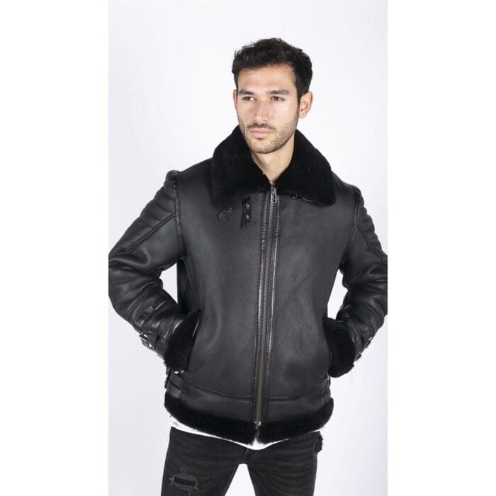 Chaqueta de aviador de piel de oveja auténtica negra para hombre, con cremallera, abrigo de invierno cálido de piloto de la Segunda Guerra Mundial - Knighthood Store
