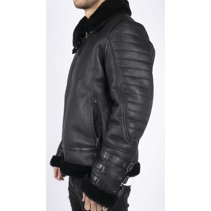 Chaqueta de aviador de piel de oveja auténtica negra para hombre, con cremallera, abrigo de invierno cálido de piloto de la Segunda Guerra Mundial - Knighthood Store