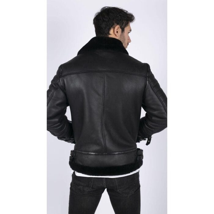 Chaqueta de aviador de piel de oveja auténtica negra para hombre, con cremallera, abrigo de invierno cálido de piloto de la Segunda Guerra Mundial - Knighthood Store