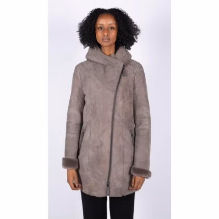 Womens 3/4 Mid Length Real Sheepskin Beige Vintage Toscana Suede Hood Coat - Knighthood Store