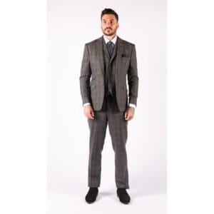 Abito da uomo 3 pezzi in tweed classico a spina di pesce grigio blu navy slim fit vintage - Knighthood Store