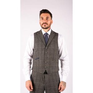 Traje clásico de tweed de tres piezas para hombre, de espiga, a cuadros, gris azul marino, corte entallado, estilo vintage - Knighthood Store