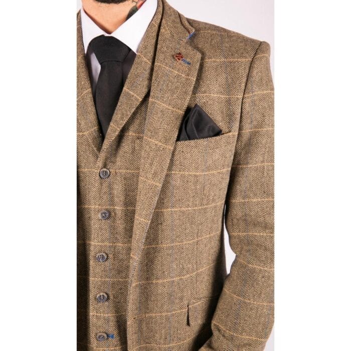 Costume 3 pièces classique en tweed à chevrons pour homme, coupe slim, style vintage, marron clair - Knighthood Store
