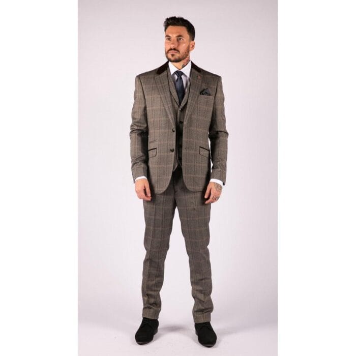 Mens Check Tweed Wool 3 Piece Tan Brown Beige Suit Vintage Retro Tailored Fit - Knighthood Store