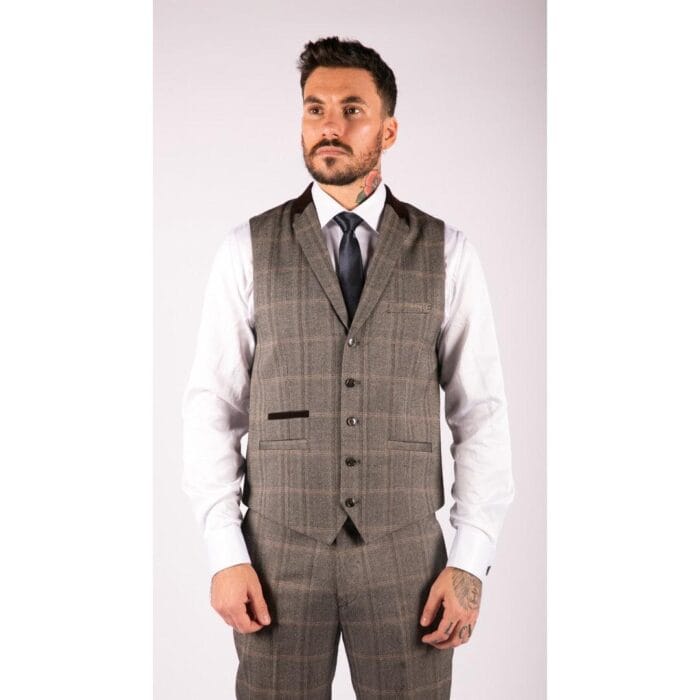 Mens Check Tweed Wool 3 Piece Tan Brown Beige Suit Vintage Retro Tailored Fit - Knighthood Store
