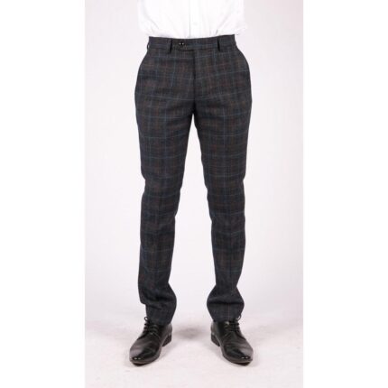 Mens Navy Blue Grey Charcoal Tweed Check Trousers Peaky Blinders Vintage - Knighthood Store