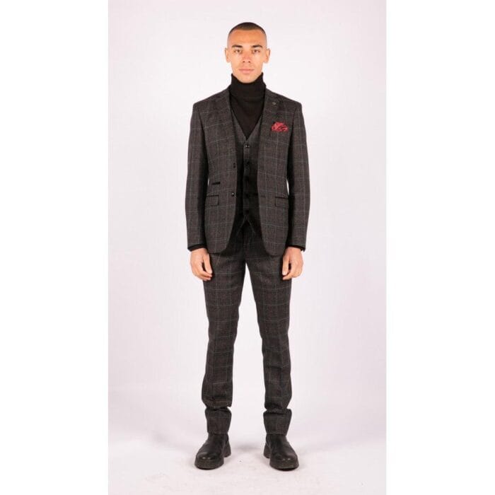 Mens Grey Black 3 Piece Tweed Suit Herringbone Wine Vintage Retro - Knighthood Store