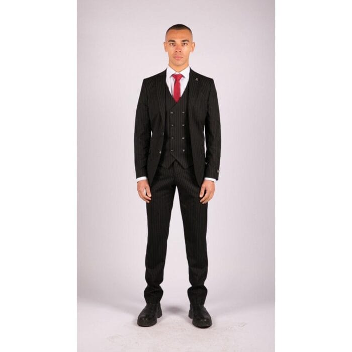 Traje negro de 3 piezas para hombre, estilo Gatsby, años 20, estilo gánster, raya diplomática, corte a medida - Knighthood Store