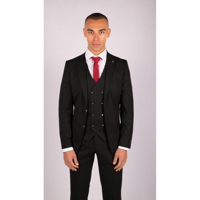 Traje negro de 3 piezas para hombre, estilo Gatsby, años 20, estilo gánster, raya diplomática, corte a medida - Knighthood Store