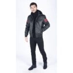 Herren Bomberjacke aus echtem Leder mit blau-schwarzer Kapuze, roten Streifen, gesteppt, Slim Fit, lässig - Knighthood Store