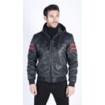 Herren Bomberjacke aus echtem Leder mit blau-schwarzer Kapuze, roten Streifen, gesteppt, Slim Fit, lässig - Knighthood Store