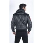 Herren Bomberjacke aus echtem Leder mit blau-schwarzer Kapuze, roten Streifen, gesteppt, Slim Fit, lässig - Knighthood Store