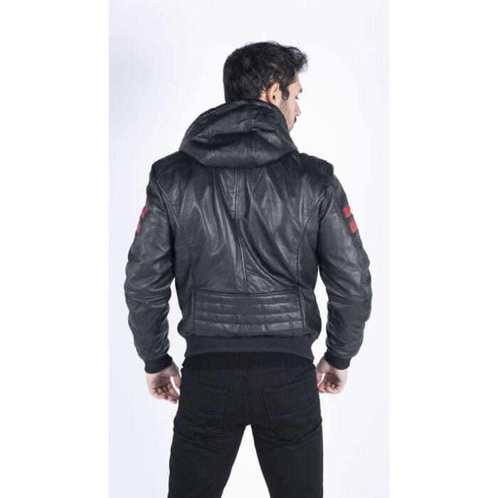 Herren Bomberjacke aus echtem Leder mit blau-schwarzer Kapuze, roten Streifen, gesteppt, Slim Fit, lässig - Knighthood Store
