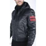 Herren Bomberjacke aus echtem Leder mit blau-schwarzer Kapuze, roten Streifen, gesteppt, Slim Fit, lässig - Knighthood Store