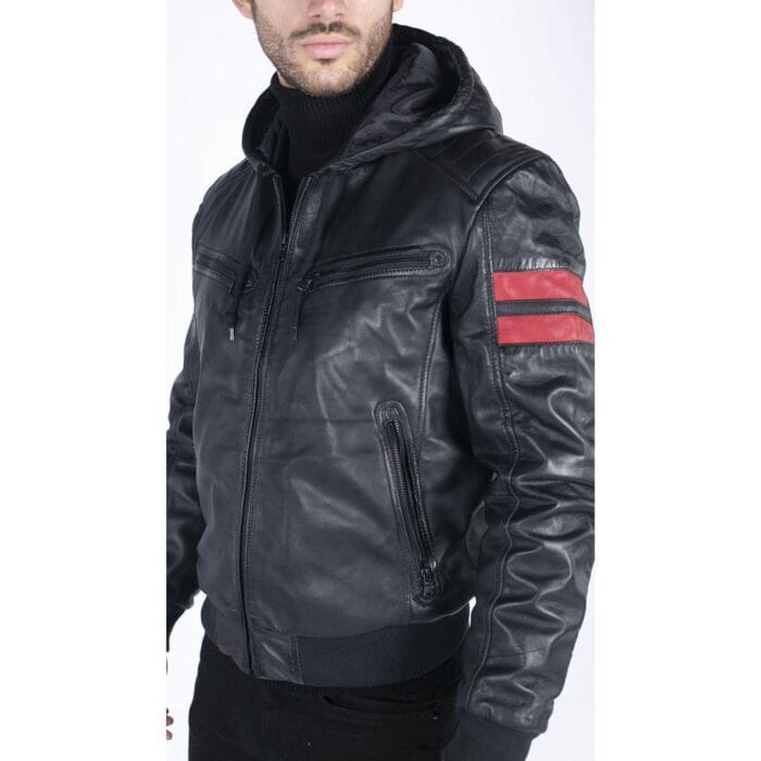 Herren Bomberjacke aus echtem Leder mit blau-schwarzer Kapuze, roten Streifen, gesteppt, Slim Fit, lässig - Knighthood Store