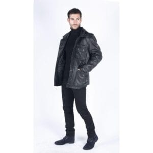 Giacca da uomo in vera pelle, vestibilità 3/4, stile safari, colore nero militare - Knighthood Store