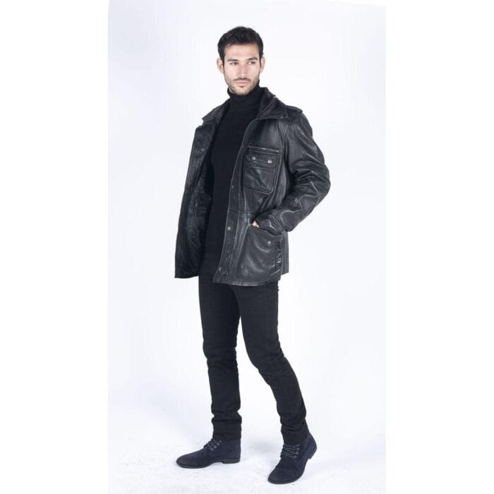 Giacca da uomo in vera pelle, vestibilità 3/4, stile safari, colore nero militare - Knighthood Store