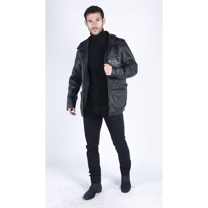 Giacca da uomo in vera pelle, vestibilità 3/4, stile safari, colore nero militare - Knighthood Store