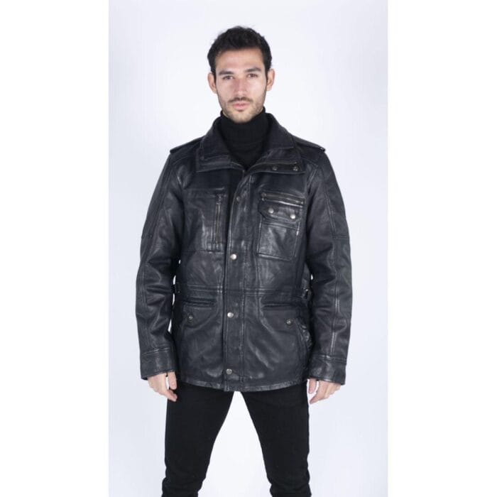 Giacca da uomo in vera pelle, vestibilità 3/4, stile safari, colore nero militare - Knighthood Store