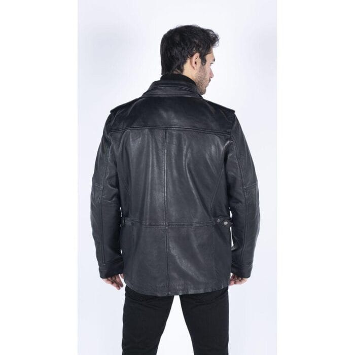 Giacca da uomo in vera pelle, vestibilità 3/4, stile safari, colore nero militare - Knighthood Store