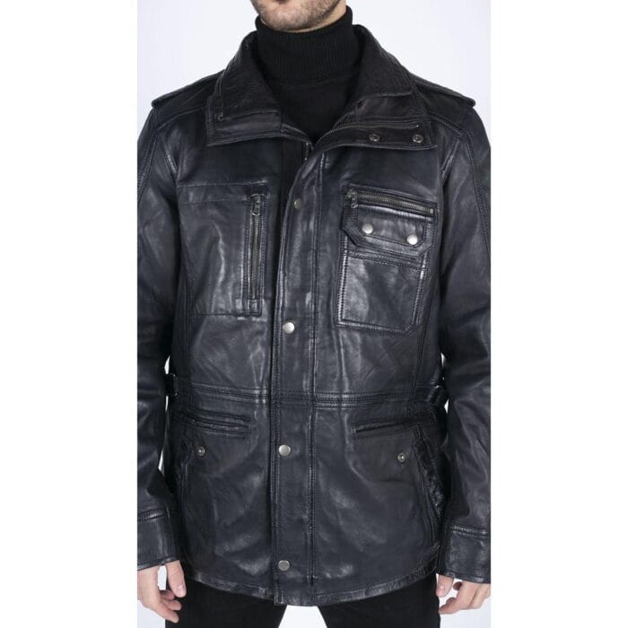 Giacca da uomo in vera pelle, vestibilità 3/4, stile safari, colore nero militare - Knighthood Store