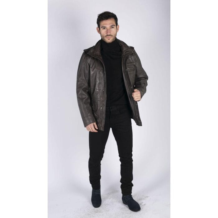 Giacca da uomo in vera pelle, vestibilità 3/4, stile safari, colore nero militare - Knighthood Store