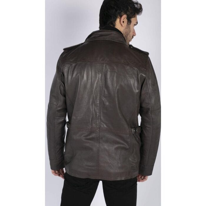 Giacca da uomo in vera pelle, vestibilità 3/4, stile safari, colore nero militare - Knighthood Store