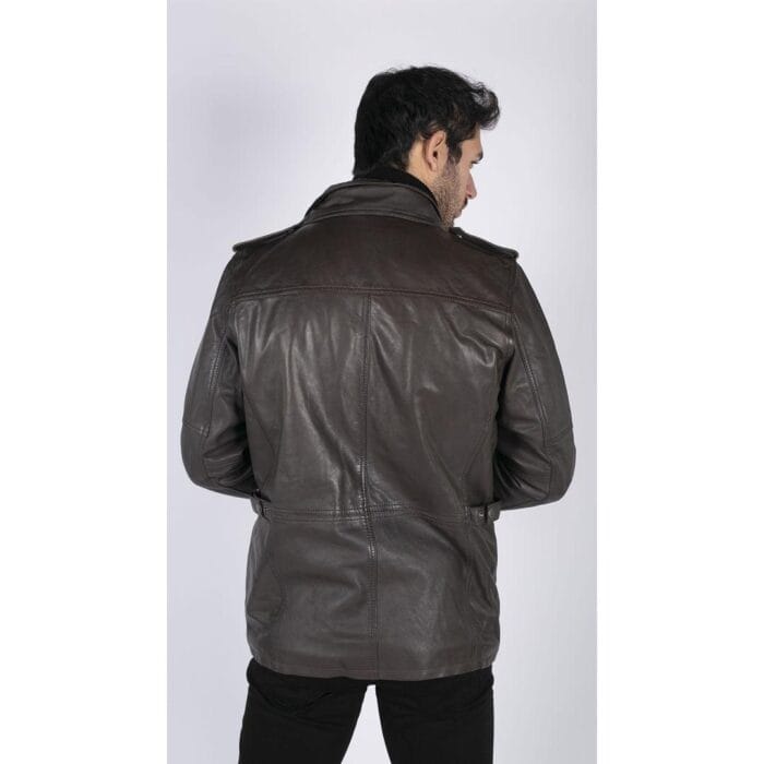 Giacca da uomo in vera pelle, vestibilità 3/4, stile safari, colore nero militare - Knighthood Store