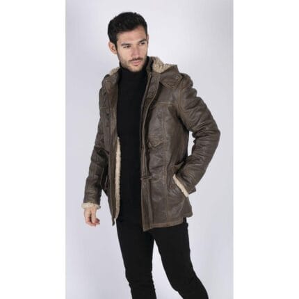 Chaqueta safari larga de cuero auténtico con capucha para hombre, 3/4, con capucha, color marrón vintage lavado - Knighthood Store