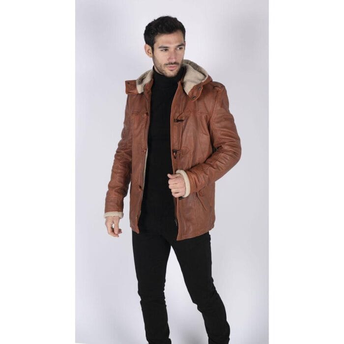 Mens Real Leather Hood Duffle Safari Jacket Long 3/4 Fur Washed Vintage Brown - Knighthood Store