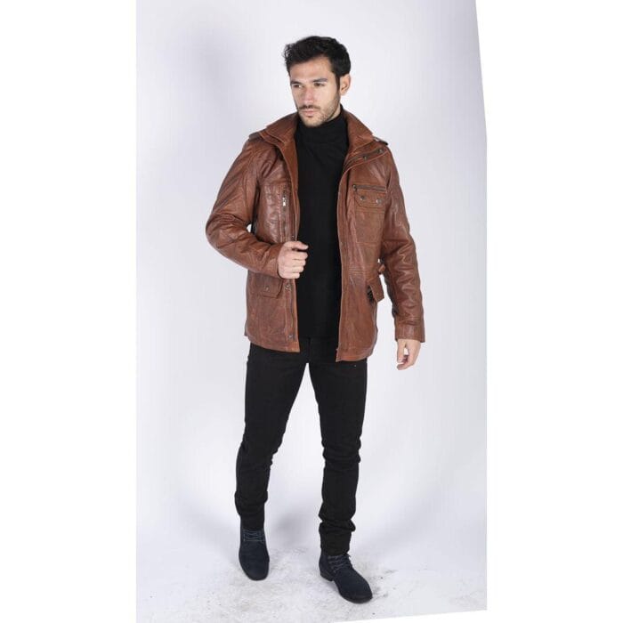 Giacca da uomo in vera pelle, vestibilità 3/4, stile safari, colore nero militare - Knighthood Store