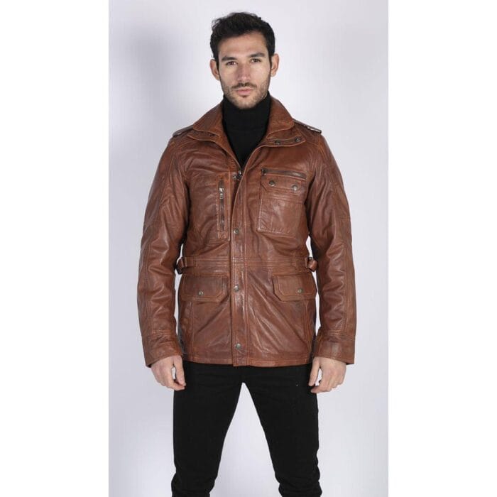 Giacca da uomo in vera pelle, vestibilità 3/4, stile safari, colore nero militare - Knighthood Store