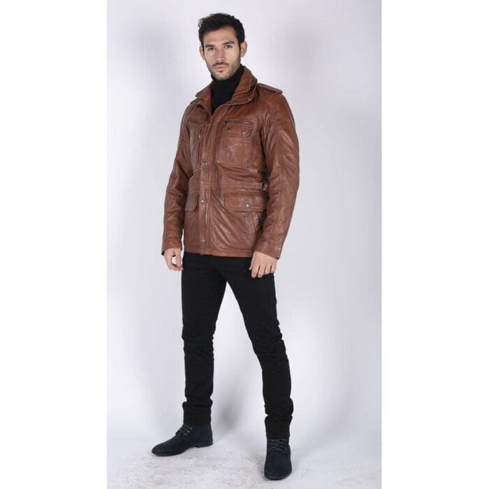 Giacca da uomo in vera pelle, vestibilità 3/4, stile safari, colore nero militare - Knighthood Store