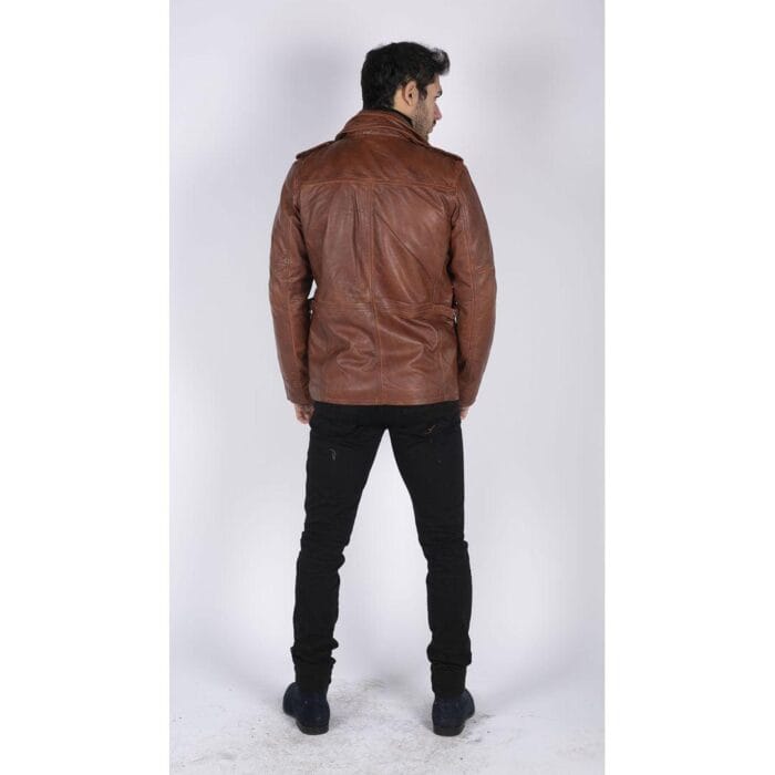Giacca da uomo in vera pelle, vestibilità 3/4, stile safari, colore nero militare - Knighthood Store