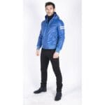 Herren Bomberjacke aus echtem Leder mit blau-schwarzer Kapuze, roten Streifen, gesteppt, Slim Fit, lässig - Knighthood Store