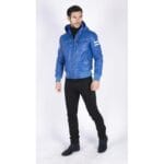 Herren Bomberjacke aus echtem Leder mit blau-schwarzer Kapuze, roten Streifen, gesteppt, Slim Fit, lässig - Knighthood Store