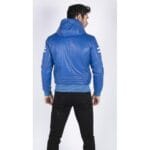 Herren Bomberjacke aus echtem Leder mit blau-schwarzer Kapuze, roten Streifen, gesteppt, Slim Fit, lässig - Knighthood Store