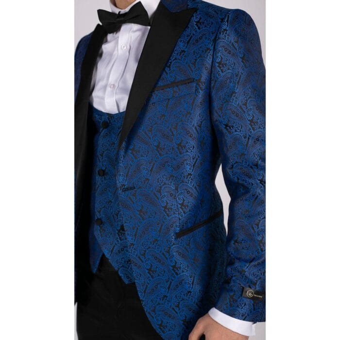 Blazer y chaleco de esmoquin con estampado paisley para hombre, chaqueta de esmoquin con brocado, satén, negro y azul - Knighthood Store