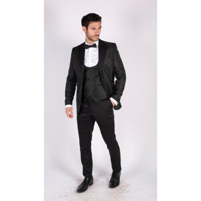 Giacca da smoking in stile Paisley da uomo, con gilet e giacca da smoking in broccato, vestibilità nera in raso - Knighthood Store