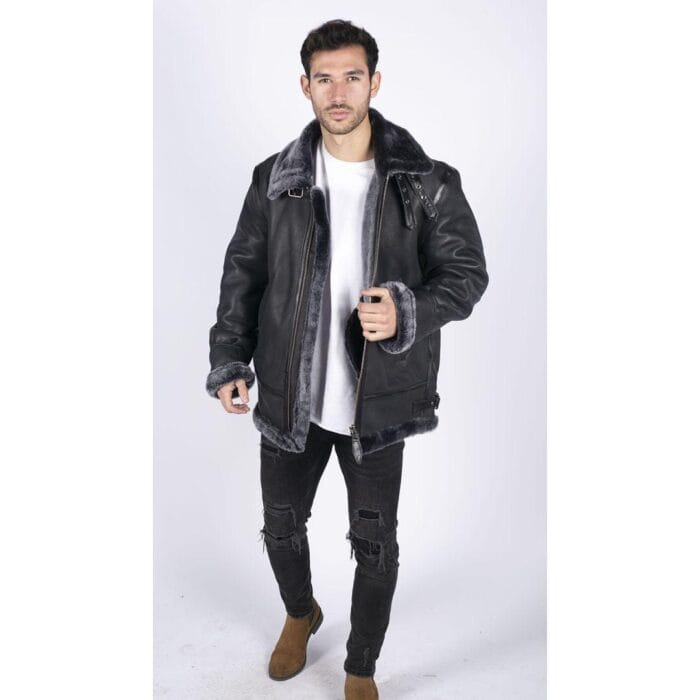Mens Genuine Sheepskin Leather B3 Flying Aviator Jacket Black Grey Fur - Knighthood Store