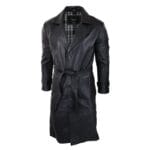 Mens Black 3/4 Mac Long Real Leather Classic Belted Punk Jacket Coat Vintage 80s - Knighthood Store