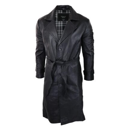 Mens Black 3/4 Mac Long Real Leather Classic Belted Punk Jacket Coat Vintage 80s - Knighthood Store