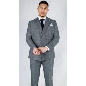 Men's Grey Suit 2 Piece Double Breasted Check Formal Dress - Knighthood Store