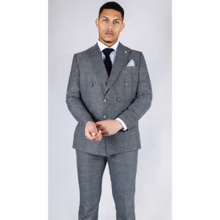 Men's Grey Suit 2 Piece Double Breasted Check Formal Dress - Knighthood Store
